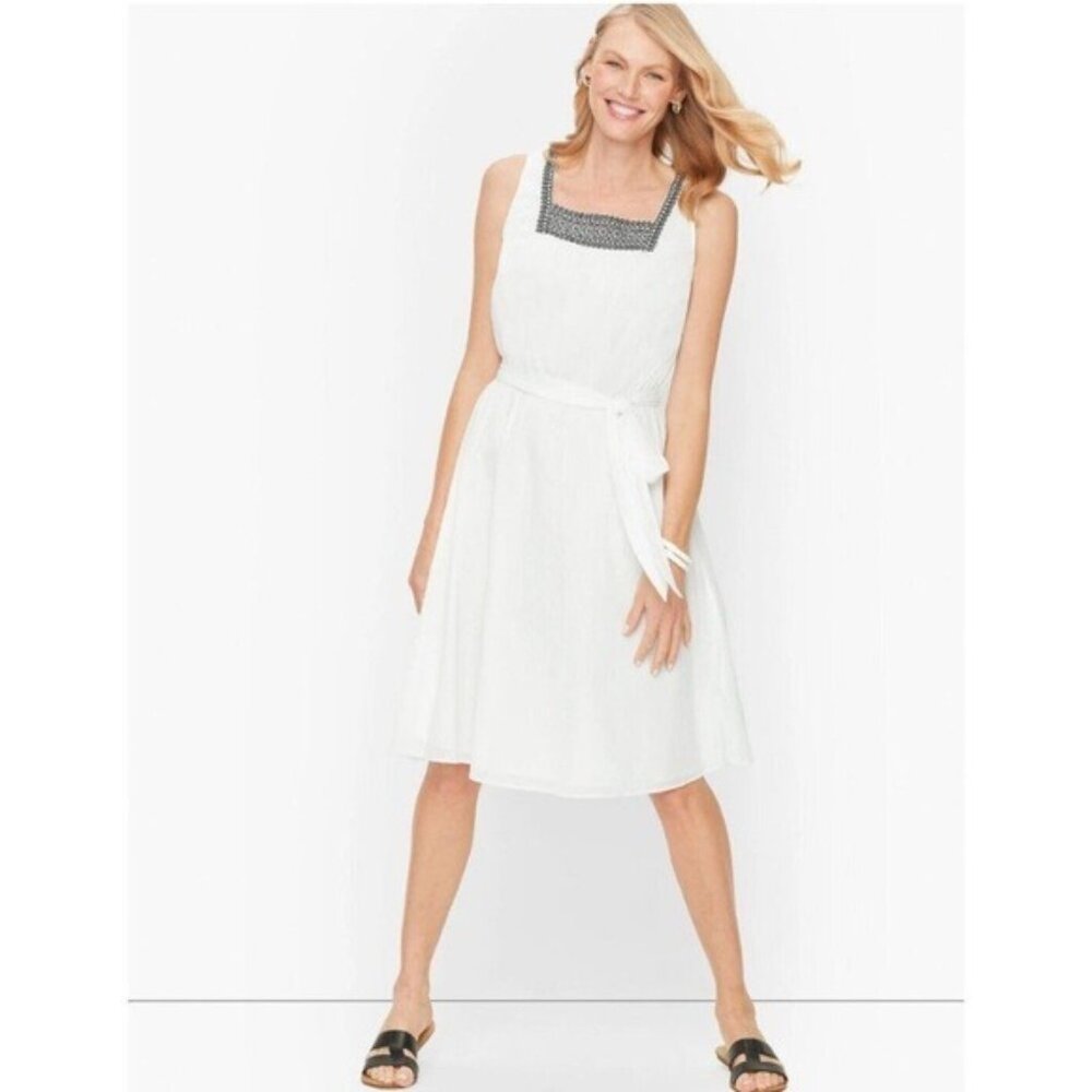 Talbots White Gauze Belted Dress with Black Embroidery